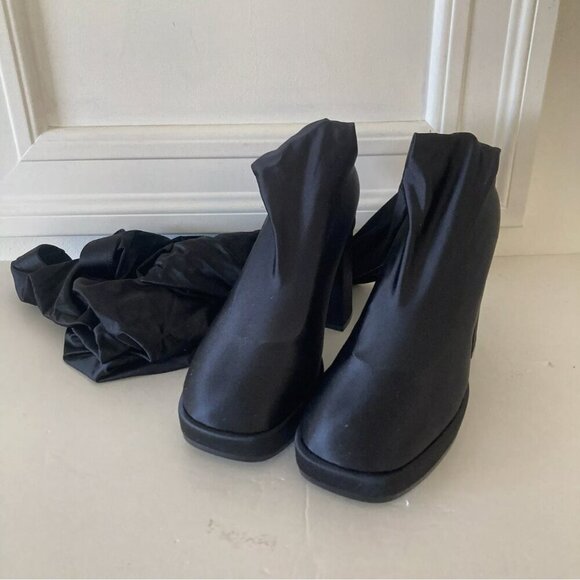 Jeffery Campbell Free People Highest Rise Black Satin Platform Pant Boots Sz 7.5 - Picture 1 of 7
